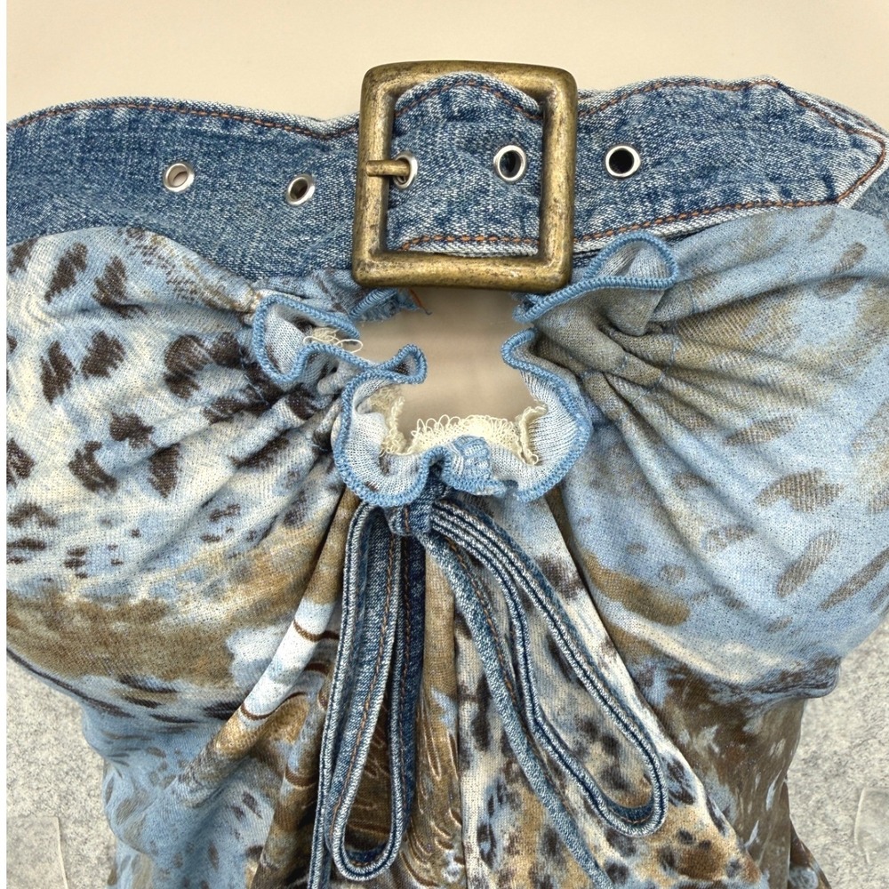 XOXO Jeans Y2K Tube Top Womens Large Blue Animal Print Denim Buckle Vintage - Picture 2 of 8